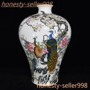 15" Marked China porcelain Enamel peacock peony Plum blossom Bottle Pot Vase Jar