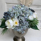 Blue hydrangea floral centrepiece , wedding centrepiece, Rose and hydrangea centrepiece with blueberries