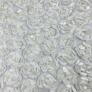 Off White Rosette Fabric 3D Floral Fabric By The Yard, Peony Bouquet Fabric on Mesh, 3D Rosette Satin Fabric Wedding Decor.