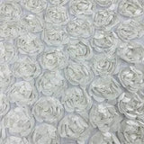 Off White Rosette Fabric 3D Floral Fabric By The Yard, Peony Bouquet Fabric on Mesh, 3D Rosette Satin Fabric Wedding Decor.