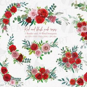 Watercolour blush pink and red roses floral bouquets. Printable roses wedding invitation, printable red floral decoration elements clip art.