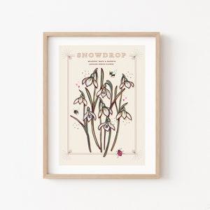 Snowdrops Wall Art Print, January Birth Flower Meaning Illustration Print