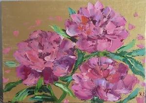 Pink peonies impasto oil painting original, bouquet of peonies gold background