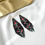Boho beaded fringe earrings, flower seed bead earrings, beaded earrings black miyuki beads, long fringe earrings