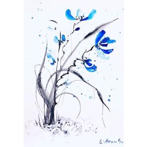 Wild Orchid Painting Floral Original Art Watercolor Japanese Flower Blue Minimalist Artwork 8 by 11 in