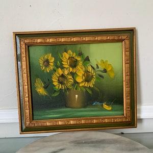 Vintage Small Sunflower Painting in Solid Wood Frame