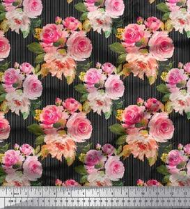 Soimoi Black Cotton Duck Fabric Stripe & Ranunculus Floral Decor-dA1