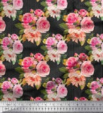 Soimoi Black Cotton Duck Fabric Stripe & Ranunculus Floral Decor-dA1