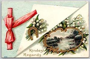 Postcard Kindest Regards Red Bow Lily of the Valley Gold Horseshoe Winter Scene