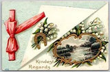 Postcard Kindest Regards Red Bow Lily of the Valley Gold Horseshoe Winter Scene
