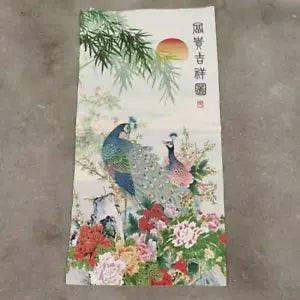 Chinese Embroidery Cloth Silk Painting Peony Flower Peacock Mural Tapestry