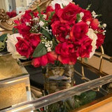 Red and White Floral Arrangement in Acrylic Water, Rose Centerpiece for Table, Table Display in Clear Glass Vase. Realistic Flower Bouquet