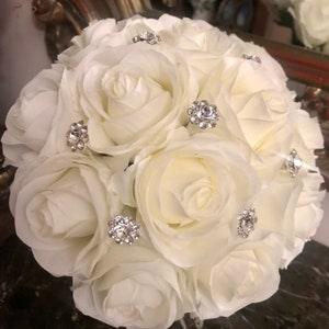 Diamond White Rose Communion Bouquet, rose silk flower bouquet, brooch bouquet, communion bouquet