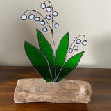 Stained Glass Lily of the Valley Bouquet inlaid on Driftwood Base