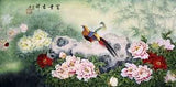 100% ORIGINAL ASIAN FINE ART CHINESE WATERCOLOR PAINTING-Golden birds love&peony