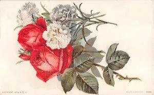 Lovely Red Roses & White Carnations on 1909 Postcard - No. 1085