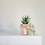 Small handmade ceramic planter of row of houses, series three. Happy vase for plants, perfect for cactus or succulent