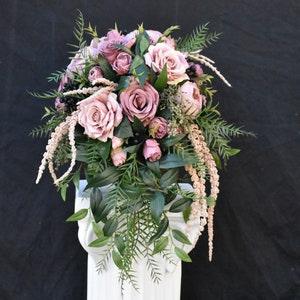 Unstructured Cascade Bouquet Dusty Rose-Mauve, Soft Medium Dusty Rose, Light Dusty Rose and Dark Ruscus Mixed Greenery