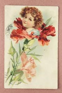 Lovely baby ELF Carnation flower. Antique postcard MINSK stamp 1910??