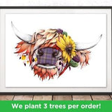 Sunflower Cow Print by Kat Baxter | Flowery Cow Wall Art | Floral Cow Print | Cow Home Decor Illustration | Living Room Cow Furnishings