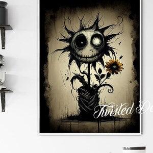 DARK SUNFLOWER, Gothic Flower Painting . Framed fine art, canvas, or poster prints.