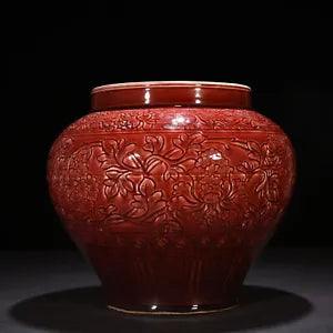 12.6" Chinese Old Antique Porcelain yuan dynasty red glaze peony flower Jar pot