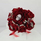 Custom Artificial Velvet Red Rose Gothic Skull & Skeleton Hand Brooch Bouquet