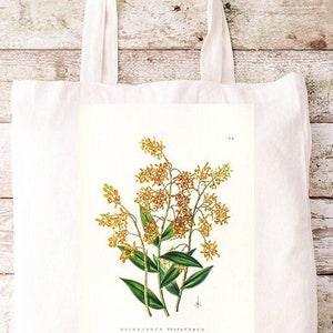 Classic Tote Bag with Orchid Vintage Flower Illustration, Flower Print, Botanical Illustration, Orange Orchid, Victorian Print.