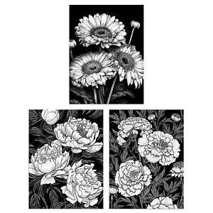 Elegant Spring Flowers Daisies Peonies Marigolds Black White Poster 3 Pack 12X16