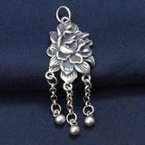 S925 Real Solid Sterling Silver Women Lucky Peony Flower Tassels Pendant 1PCS