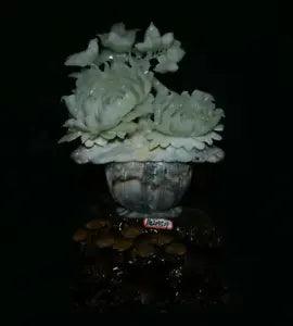 16" Good Natural Xiu Green Jade Jadeite Carved Peony Flower Basketball Birds Statue