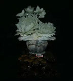 16" Good Natural Xiu Green Jade Jadeite Carved Peony Flower Basketball Birds Statue