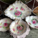 Antique Victorian serving bowl dish grape strainer plate pink rose flowers Germany Bavaria bouquet