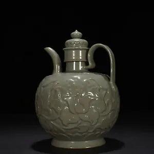 4.3" Chinese porcelain song dynasty yaozhou kiln cyan glaze peony flower Teapot