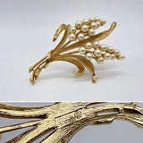 Vintage Trifari Lily Of The Valley Flower Spray Brooch Faux Pearl Gold Tone Pin