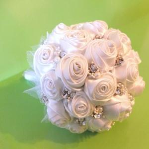 Handmade Ribbon Rose Bouquet- Off White Rose accented with rhinestone