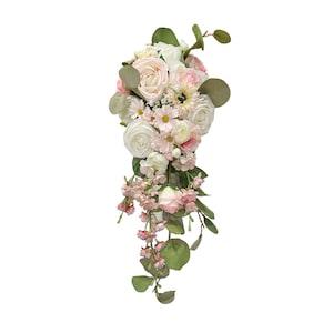 Cascading Waterfall Bridal Wedding Bouquet with Artificial Roses, Peonies, Cherry Blossoms, and Daisies