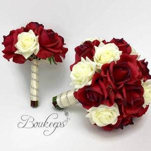 Choose Ribbon Color - Red and White / Ivory Rose Bouquet, Red Bridal Bouquet, Real Touch Bouquet & Boutonniere, Bridal