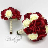 Choose Ribbon Color - Red and White / Ivory Rose Bouquet, Red Bridal Bouquet, Real Touch Bouquet & Boutonniere, Bridal