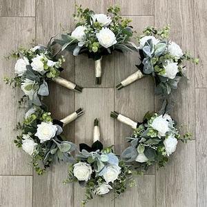 Rose & greenery bridesmaid bouquets with premium white roses, greenery bridal bouquet, sage eucalyptus wedding bouquet, wedding flowers