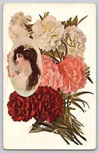 Postcard Beautiful Lady Woman Romantic Elegant Classic With Carnations Flowers