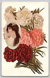 Postcard Beautiful Lady Woman Romantic Elegant Classic With Carnations Flowers