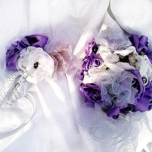 Shabby chick, vintage, satin, wedding, bridal, jewelled bouquet with pearls, with corsage for groom, handmade in many colours by your wish