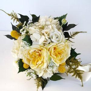 Yellow and Ivory Rose Bridal Bouquet, Spring Summer Bridal Bouquet, Hydrangeas, Greenery Bouquet, Silk Flowers for Wedding, Garden Wedding,