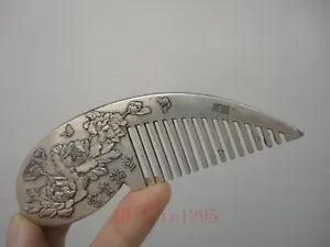 Old Chinese Decorated Handwork Tibet Silver Carving Peony Flowers Noble Comb