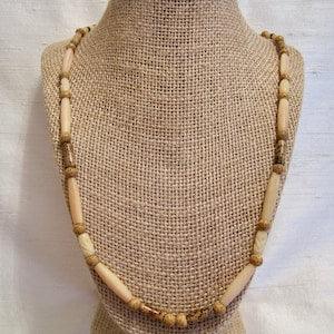 Bohemian Genuine Carved Bone, Lotus Flower Seed, Horn, 25.5" L Beaded Necklace.