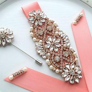 Rhinestone Corsage & Boutonniere, Orange Satin, Wrist Corsage Lapel Pin Set, Prom Corsage n Buttonhole Brooch, Rose Gold, U Pic Ribbon Color