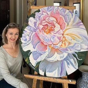 White peonies Oil Painting, size 33 inches  in diameter , Wall Art, Flower Home Decor, Floral Botanical painting, Peony art, Flower Art
