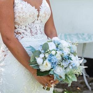 Dusty Blue Artificial Wedding Bouquet, White Faux Flower Bridal Bouquet  Silk Ivory Flower Bridesmaid Bouquet Artificial Flower Bouquet