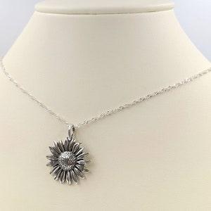 Sterling Silver Sunflower Necklace; Antiqued Sunflower; 925 Sun Flower Necklace on Silver Chain; Silver Sunflower Necklace, Infinity Close